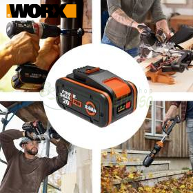Baterie cu litiu WORX PowerShare Pro 20V 8Ah pe banc de lucru în atelier