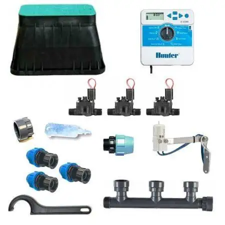 Kit riego Hunter 3 zonas X CORE 4 con electroválvulas y sensor lluvia