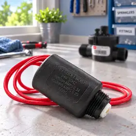 Solenoide 24V 118-5983 con cables rojos para sistemas de riego Toro en banco de trabajo
