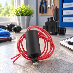 24V Magnetventil 606800 mit rotem Kabel für Bewässerungssysteme auf Werkbank