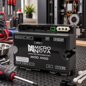 N100 pellet stove motherboard with 6-key display connections on workshop bench