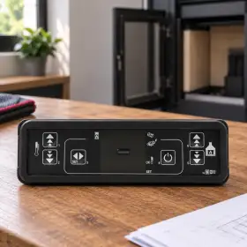 Écran de commande noir à six touches pour poêle, posé sur une table en bois