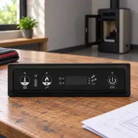 Black three-key display control panel with protective cover on wooden table