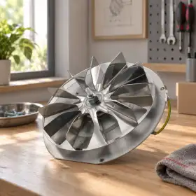 Ventilator tymi metalik me fletë, mbi tavolinë pune në ambient punishteje
