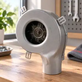 Rauchventilator mit Schnecke aus Metall, rundes Gebläsegehäuse mit Montagehalterungen auf Werkbank