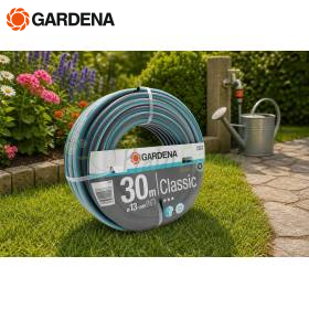 Gardena Classic 30 m garden hose, 13 mm diameter, coiled on lawn in garden setting