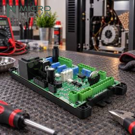 Scheda madre per stufa a pellet su banco da lavoro con componenti elettronici e connettori verdi
