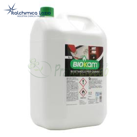 Bidón de bioetanol Biokam de 5 litros para chimeneas, envase blanco con tapón verde
