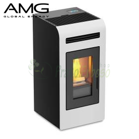 Sobë me pelet Cayenne 12.8 kW e bardhë me derë xhami dhe flakë në ambient modern