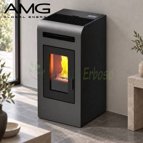 Gray Cayenne 12.3 kW pellet stove with glass flame door in modern interior