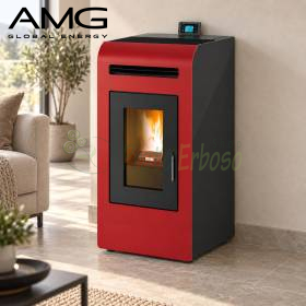 Red and black ducted pellet stove with glass door and flame in modern living room