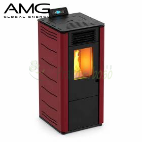 Burgundy steel pellet stove with black front, glass flame window, and digital control panel in modern living room