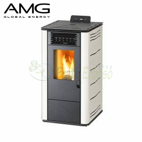 Sobă pe peleți bordo Basic Steel de 8,7 kW, neagră și albă, cu flacără vizibilă în living modern