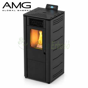 Sobë me pelet të zi Çelik Bazë 8.7 kW me flakë të dukshme në ambient modern