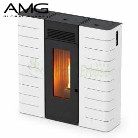 Estufa de pellets blanca de acero de 8,7 kW con llama visible en salón moderno