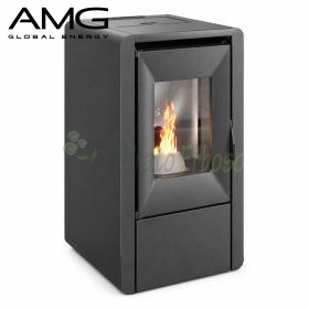 Smart 7.0 kW black pellet stove with glass door burning in a modern living room