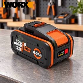 Baterie cu litiu WORX PowerShare Pro 20V 8Ah pe banc de lucru în atelier