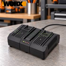 WORX WA3883 20V Dual-Ladegerät auf Werkbank mit Ladestatus-LEDs